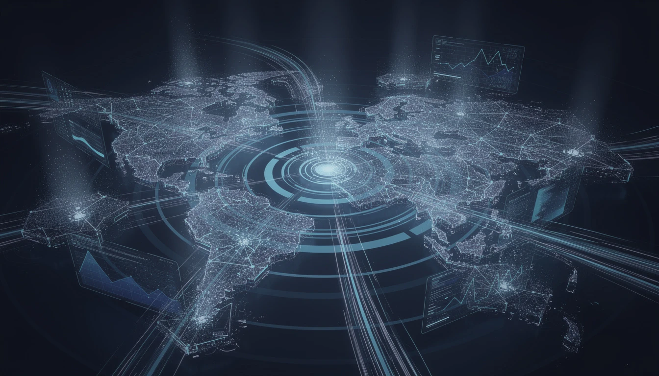 Radar sweep visualization of real-time intelligence stream monitoring with global data nodes and live signal pulses on a deep navy command center background