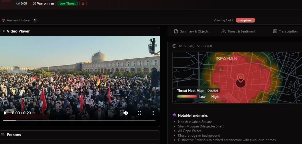 BlackVidINT video analysis interface showing geolocation of crowd footage to Isfahan's Naqsh-e Jahan Square, with coordinates, threat heat map, and identified landmarks including Shah Mosque and Ali Qapu Palace