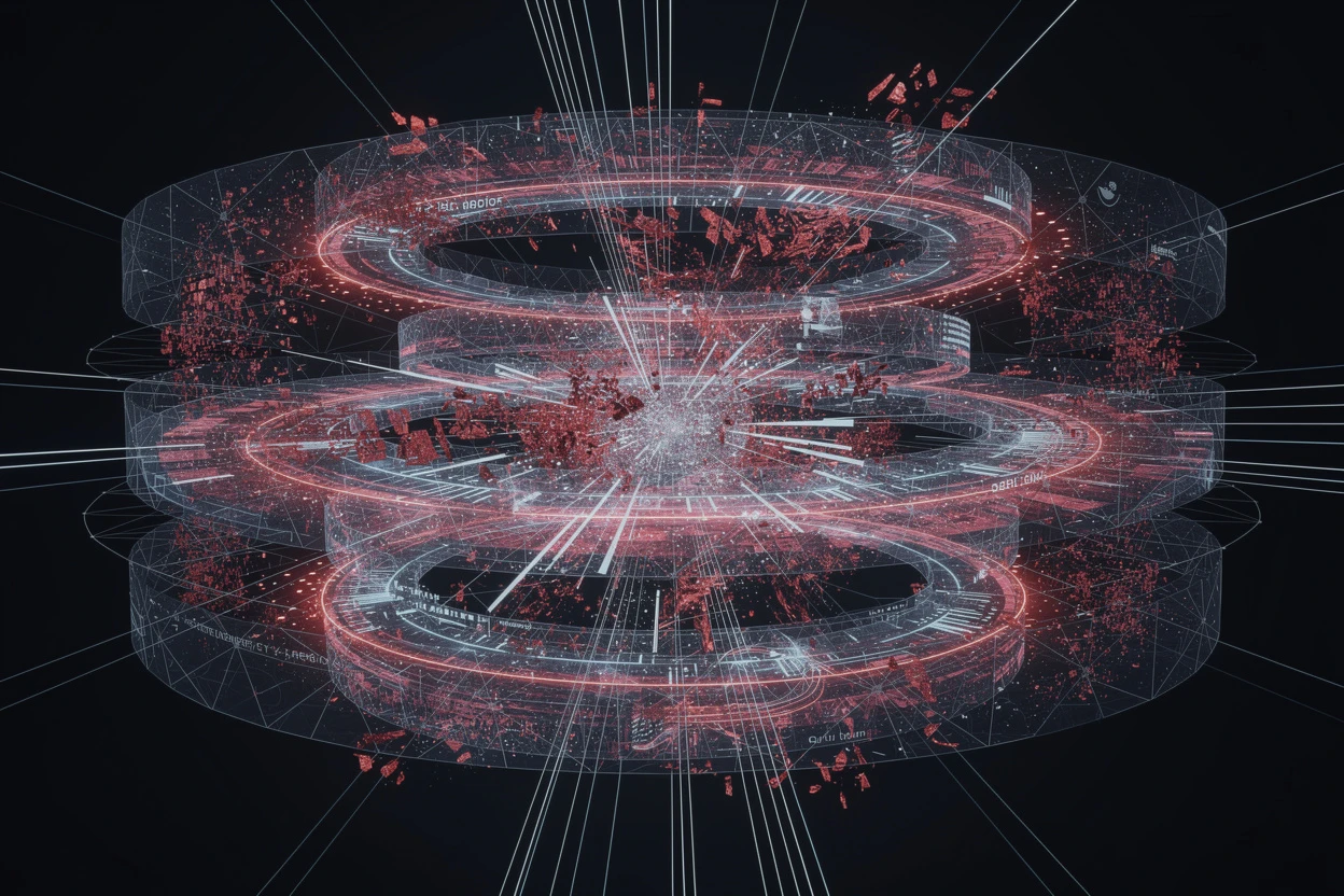 Threat intelligence visualization — encrypted network layers with threat detection indicators